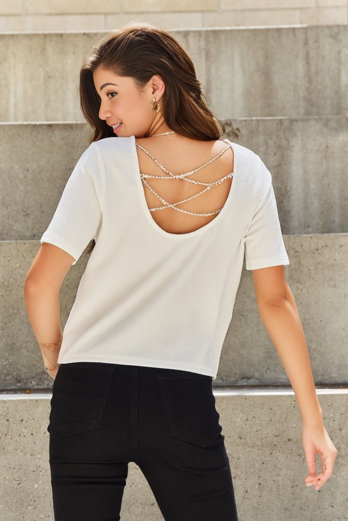 And The Why | Pearly White Full Size Criss Cross Pearl Detail Open Back T-Shirt