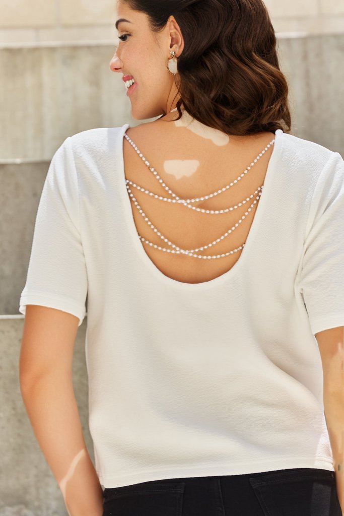 And The Why | Pearly White Full Size Criss Cross Pearl Detail Open Back T-Shirt