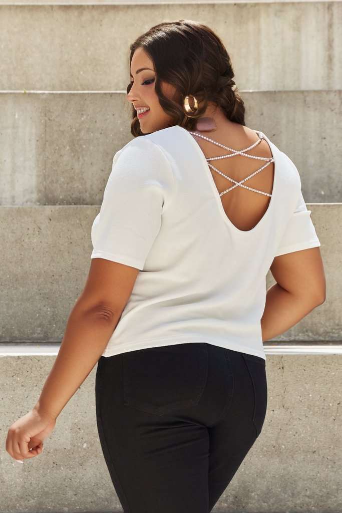 And The Why | Pearly White Full Size Criss Cross Pearl Detail Open Back T-Shirt