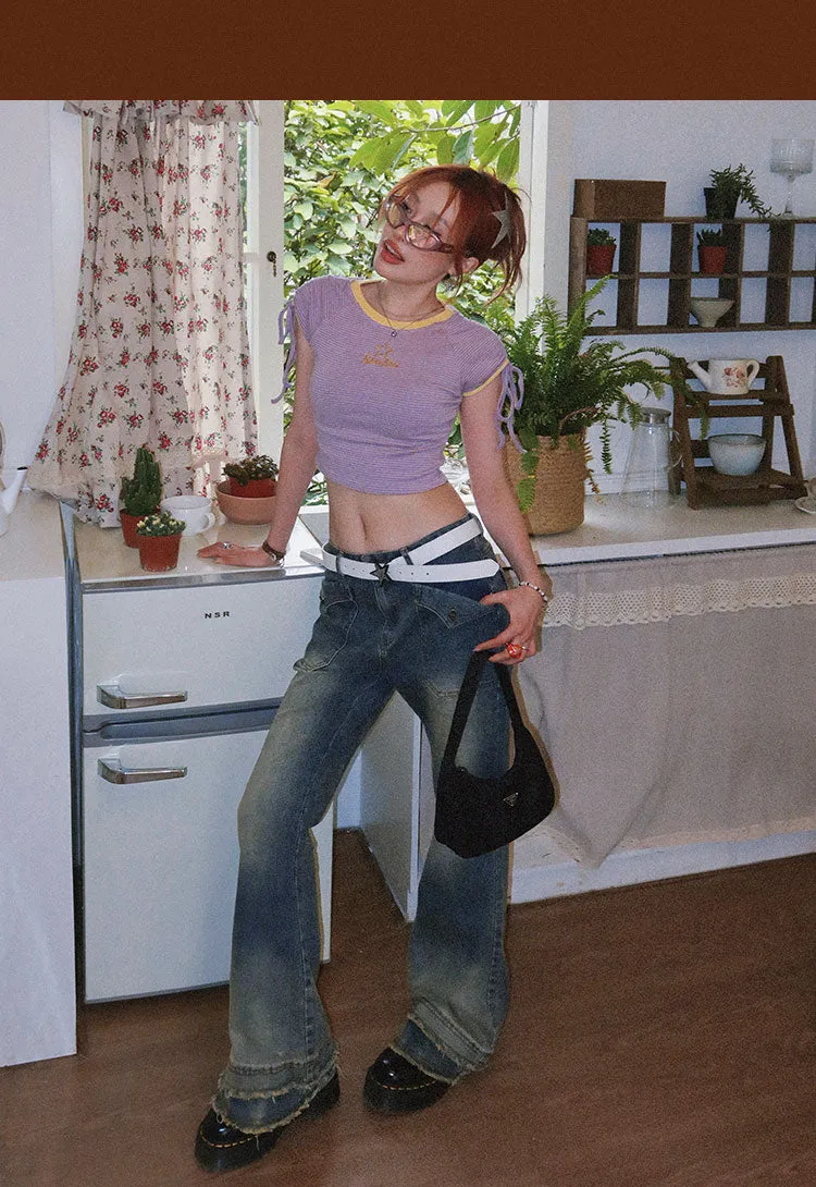 Bailey American Y2K Millennium Spice Girls Low Waist Wash Niche Panels Raw Flared Denim Jeans Pants