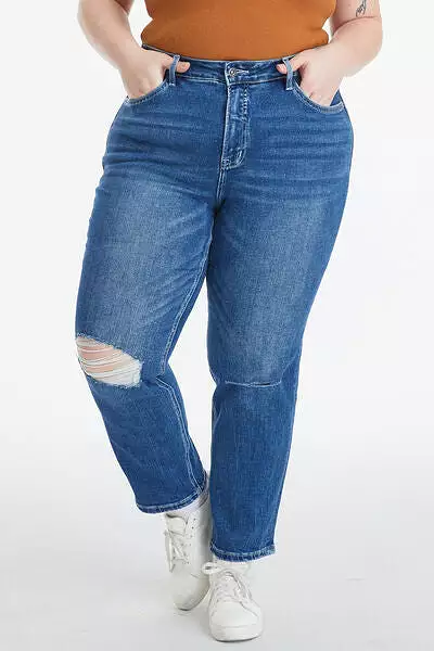 BAYEAS Full Size High Waist Distressed Washed Cropped Mom Jeans