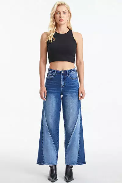 BAYEAS Full Size High Waist Two-Tones Patched Wide Leg Jeans