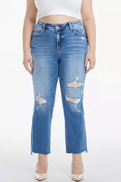 BAYEAS Full Size Mid Waist Distressed Ripped Straight Jeans