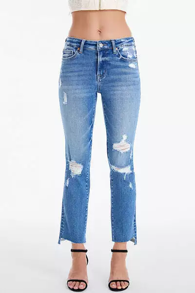 BAYEAS Full Size Mid Waist Distressed Ripped Straight Jeans