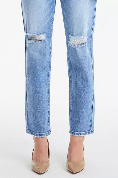 BAYEAS High Waist Distressed Cat's Whiskers Washed Straight Jeans