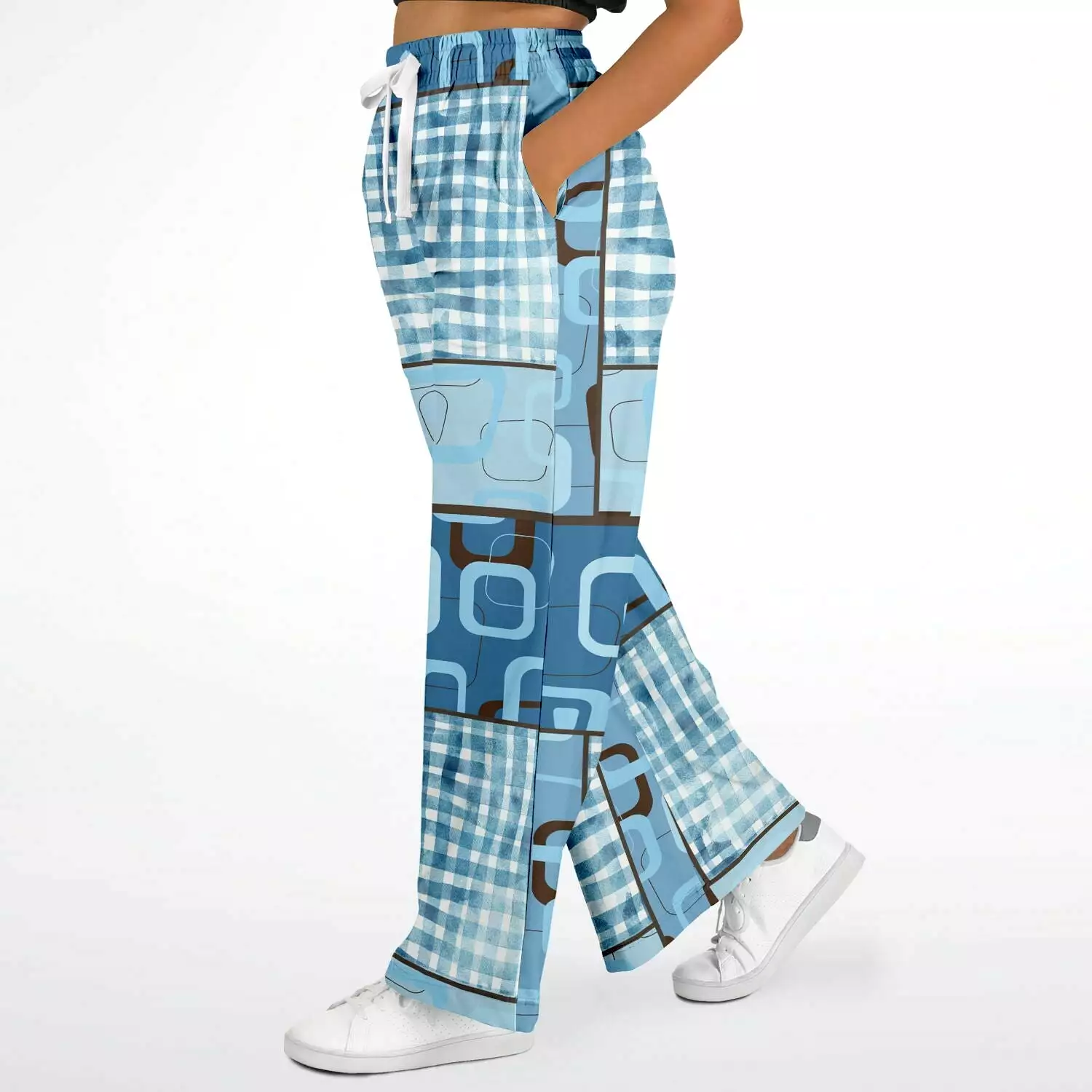 Blue Geo Patchwork Eco-Poly Stretchy Phat Bellbottoms