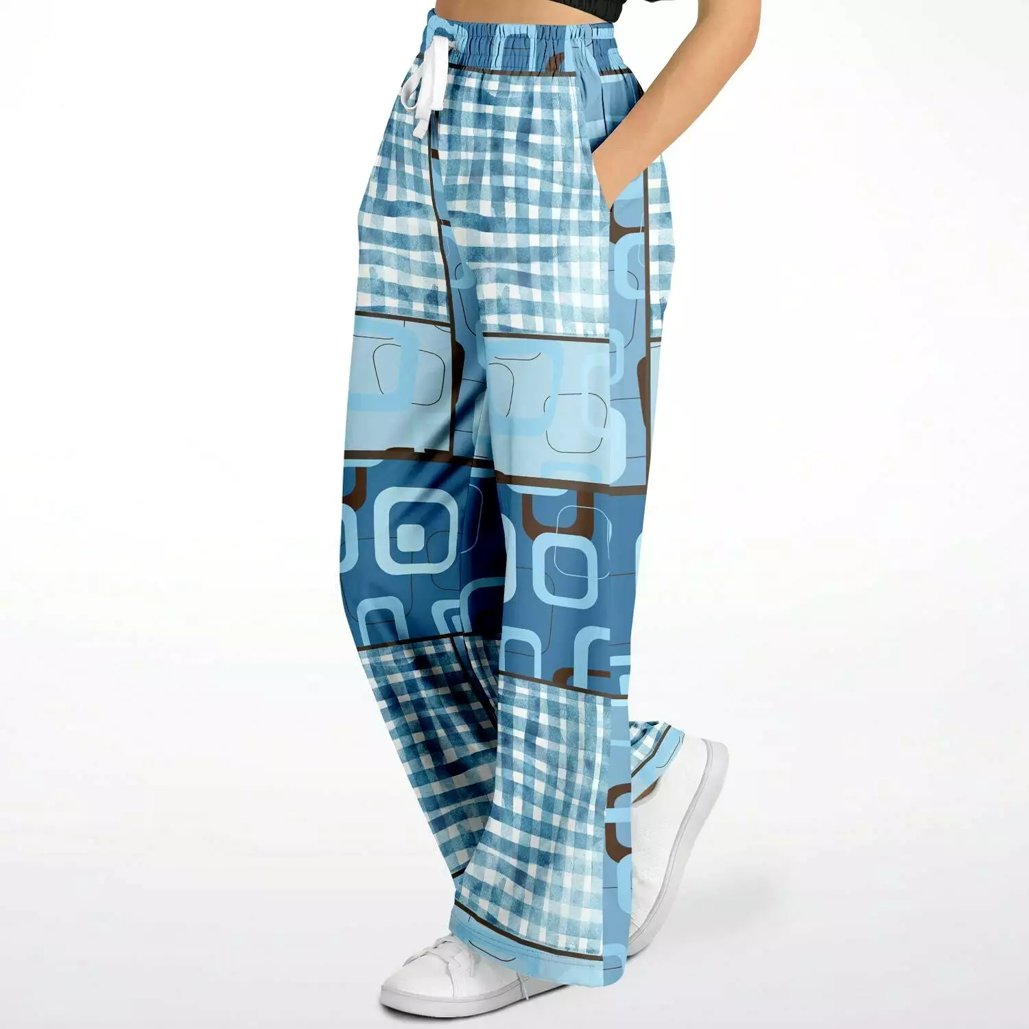 Blue Geo Patchwork Eco-Poly Stretchy Phat Bellbottoms