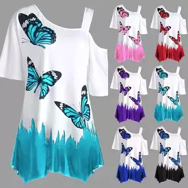 Butterfly Print Irragular T Shirt Top Female Tunic Tee