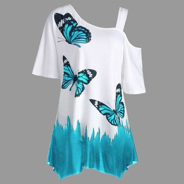 Butterfly Print Irragular T Shirt Top Female Tunic Tee