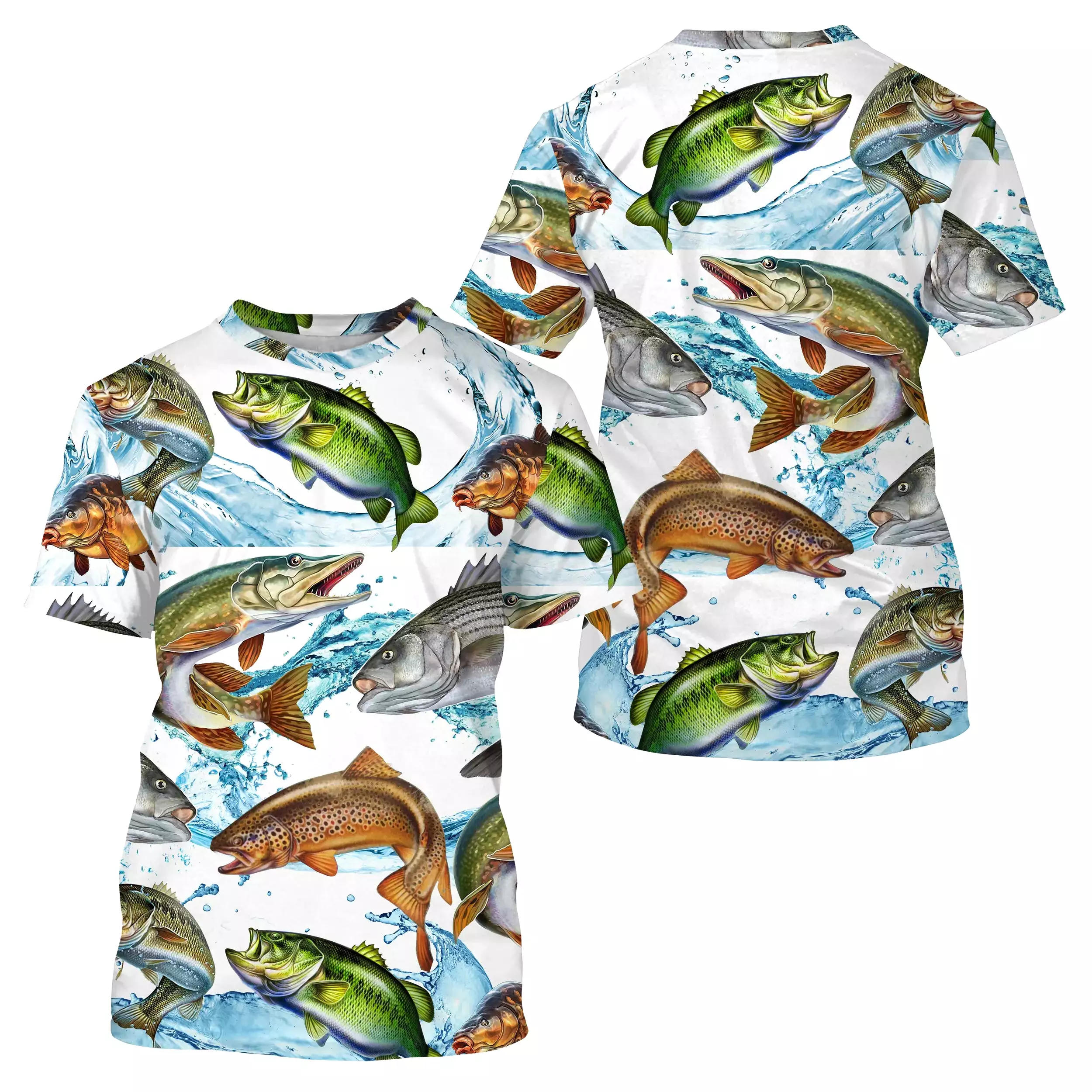 Cadeau Original pour Pêcheur, Tee shirt All-Over, T-Shirt Anti-UV, Motifs des Poissons, Brochet, Truite, Bar - CTS21052218