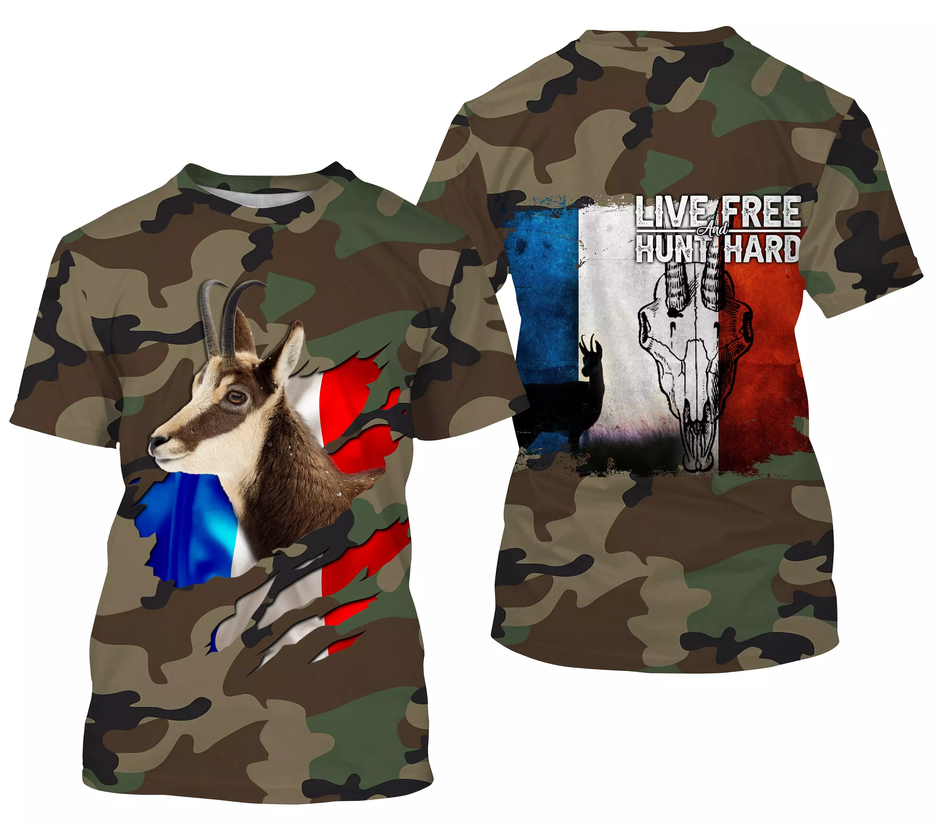 Chasse au Chamois, Camouflage Militaire Chasse, Cadeau Chasseurs, Live Free - Hunt Hard, Tee Shirt, Sweat à capuche, Vêtement An