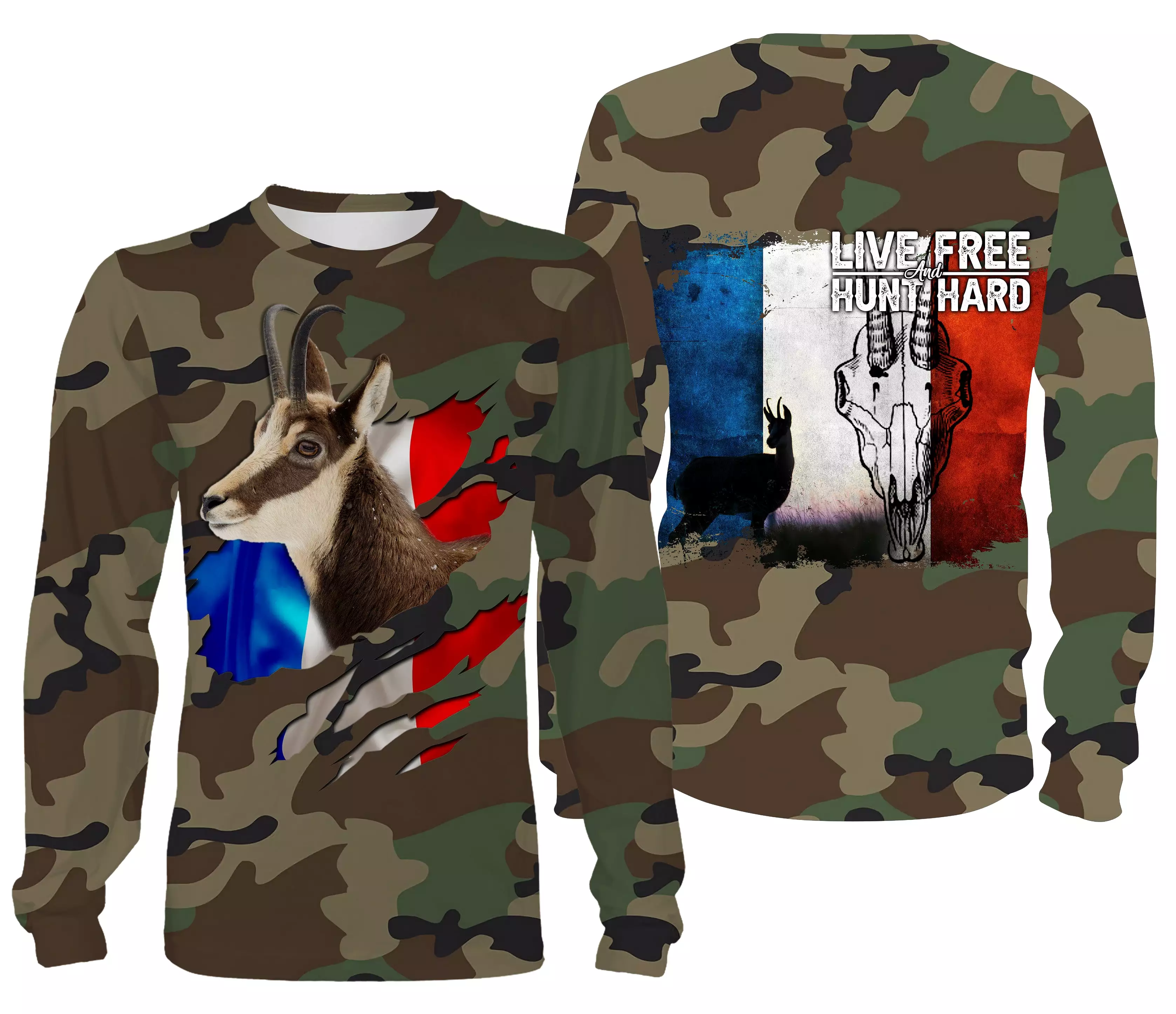 Chasse au Chamois, Camouflage Militaire Chasse, Cadeau Chasseurs, Live Free - Hunt Hard, Tee Shirt, Sweat à capuche, Vêtement An