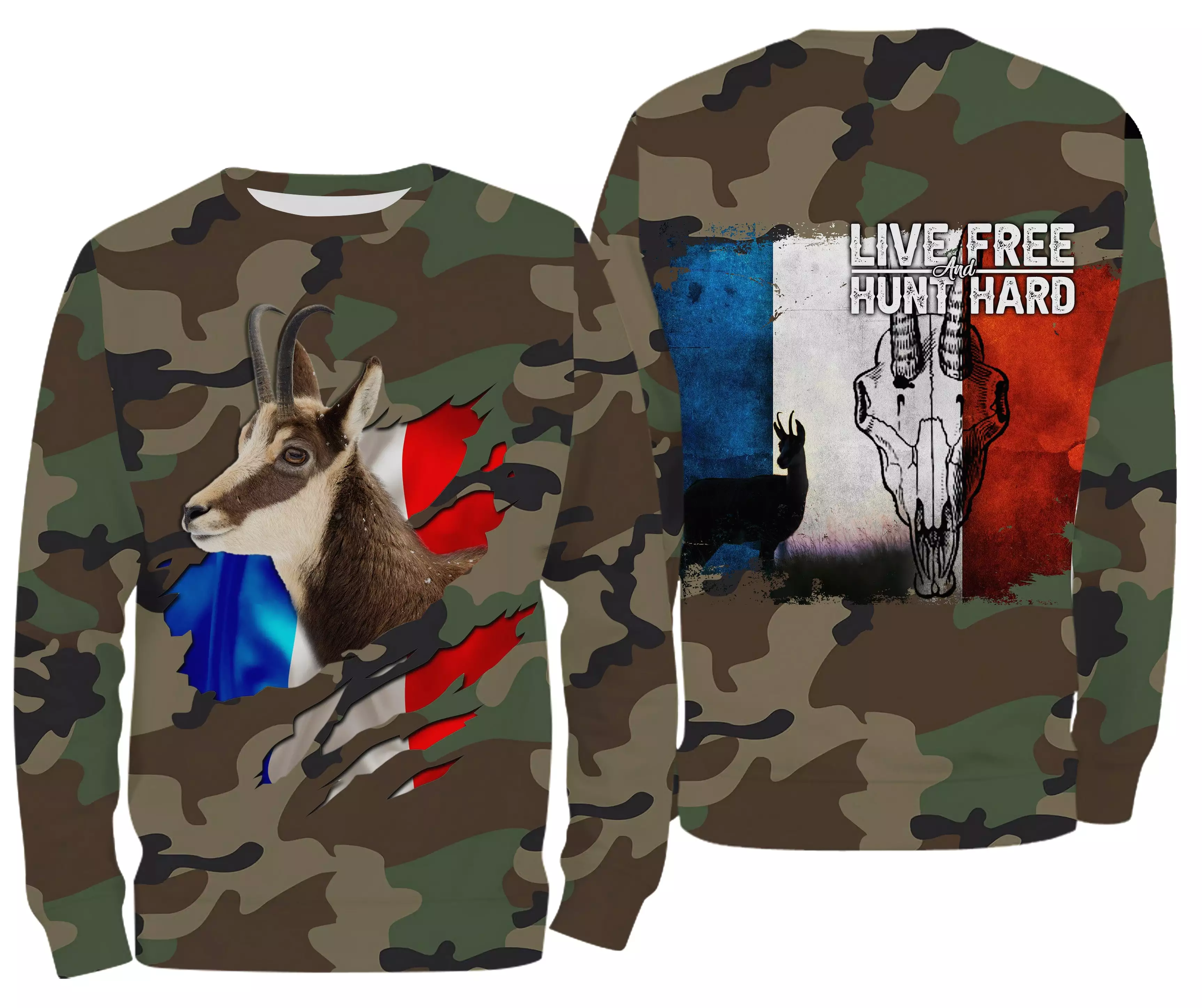 Chasse au Chamois, Camouflage Militaire Chasse, Cadeau Chasseurs, Live Free - Hunt Hard, Tee Shirt, Sweat à capuche, Vêtement An