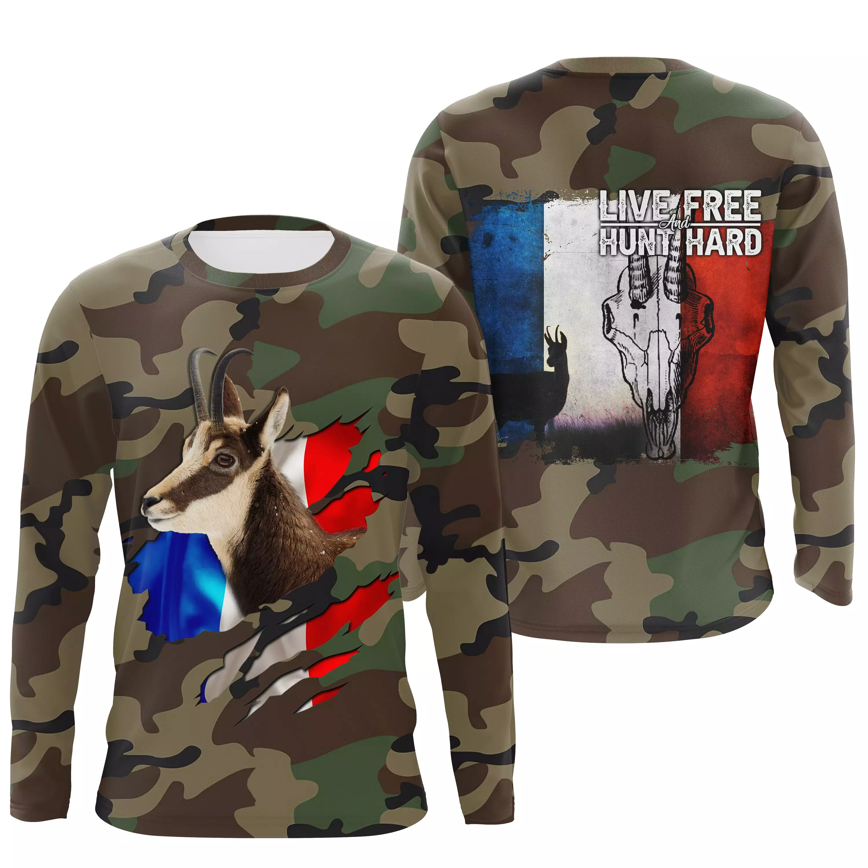 Chasse au Chamois, Camouflage Militaire Chasse, Cadeau Chasseurs, Live Free - Hunt Hard, Tee Shirt, Sweat à capuche, Vêtement An