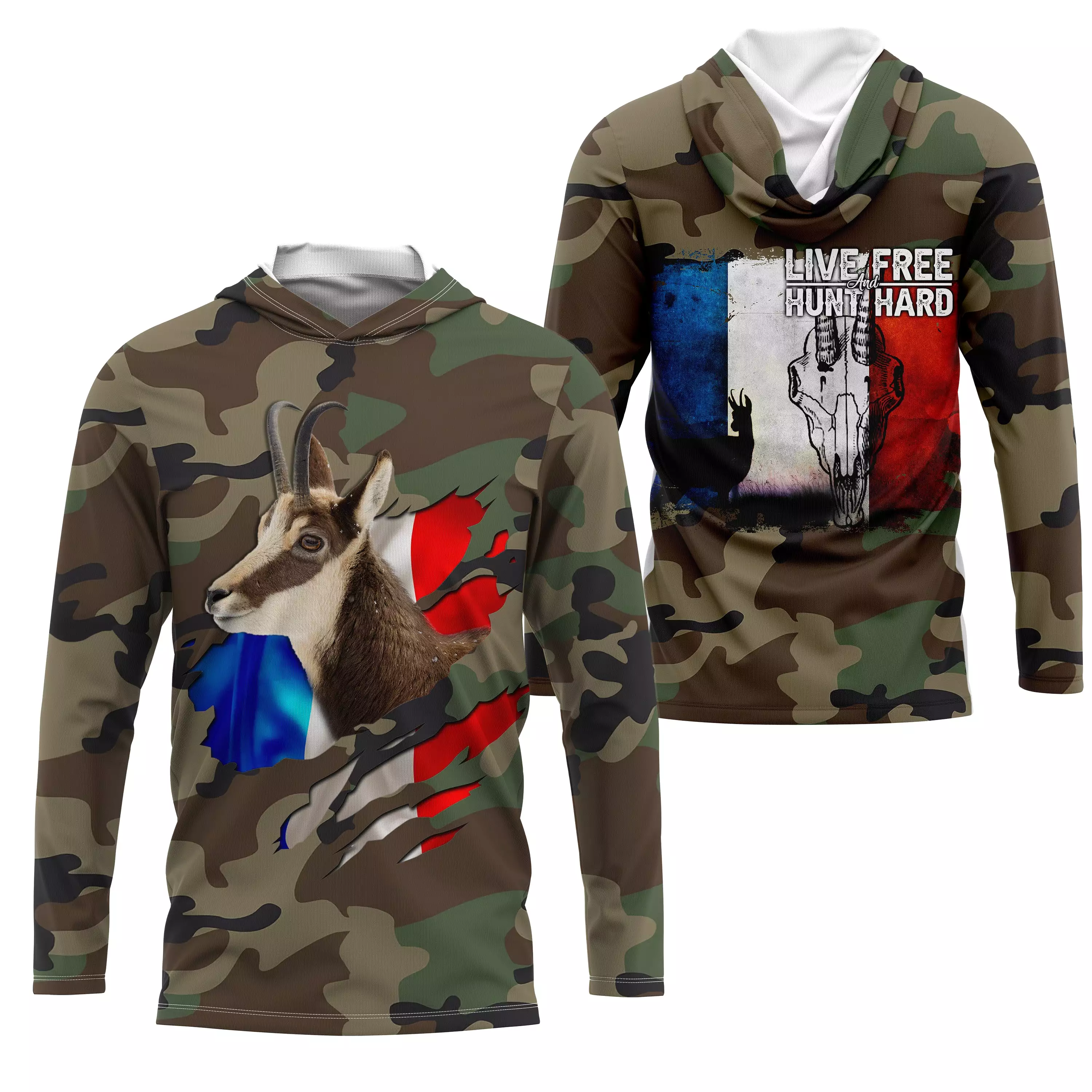 Chasse au Chamois, Camouflage Militaire Chasse, Cadeau Chasseurs, Live Free - Hunt Hard, Tee Shirt, Sweat à capuche, Vêtement An