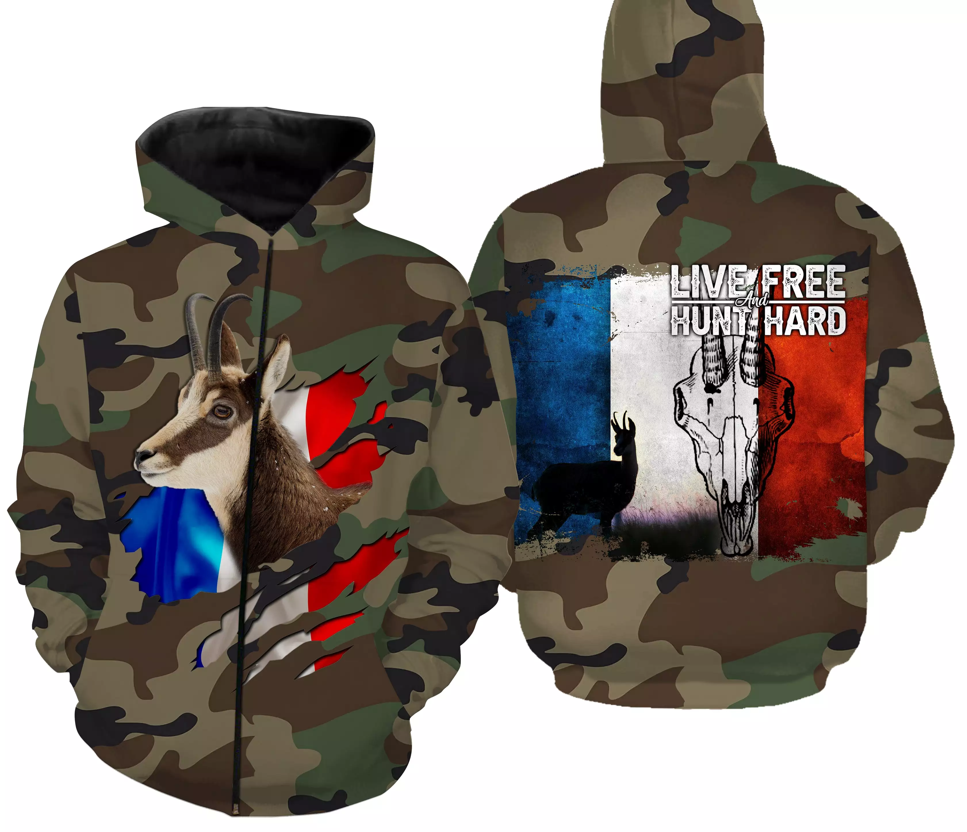 Chasse au Chamois, Camouflage Militaire Chasse, Cadeau Chasseurs, Live Free - Hunt Hard, Tee Shirt, Sweat à capuche, Vêtement An