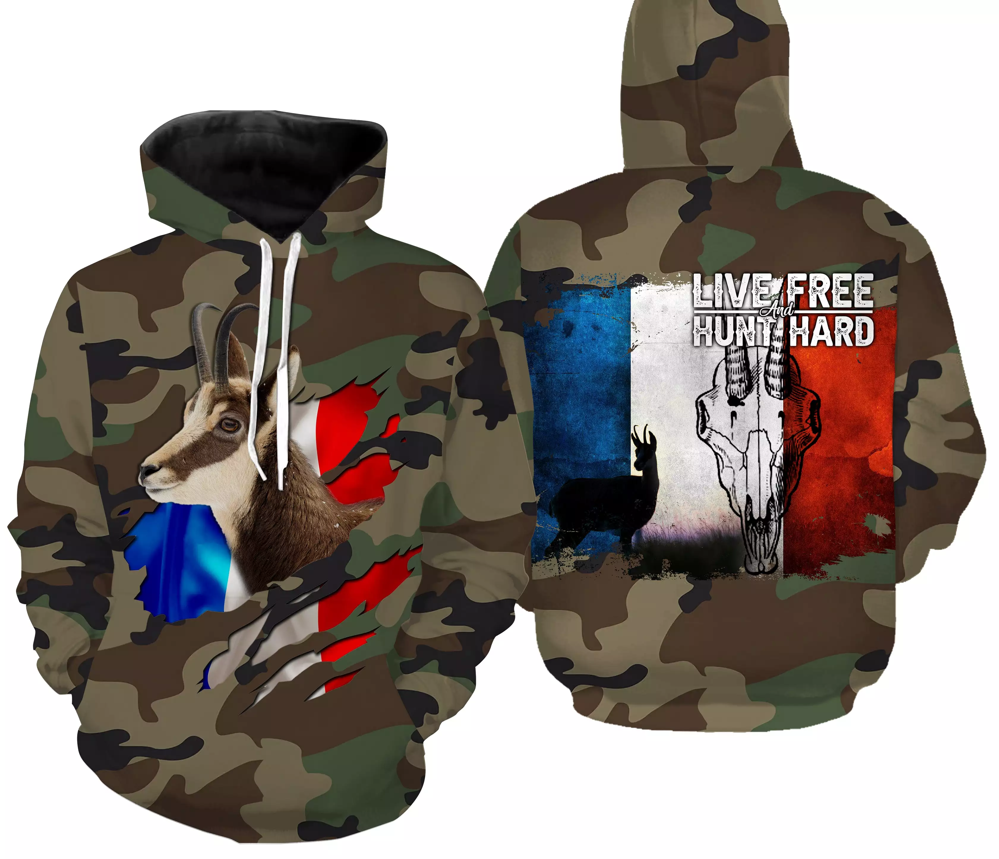 Chasse au Chamois, Camouflage Militaire Chasse, Cadeau Chasseurs, Live Free - Hunt Hard, Tee Shirt, Sweat à capuche, Vêtement An