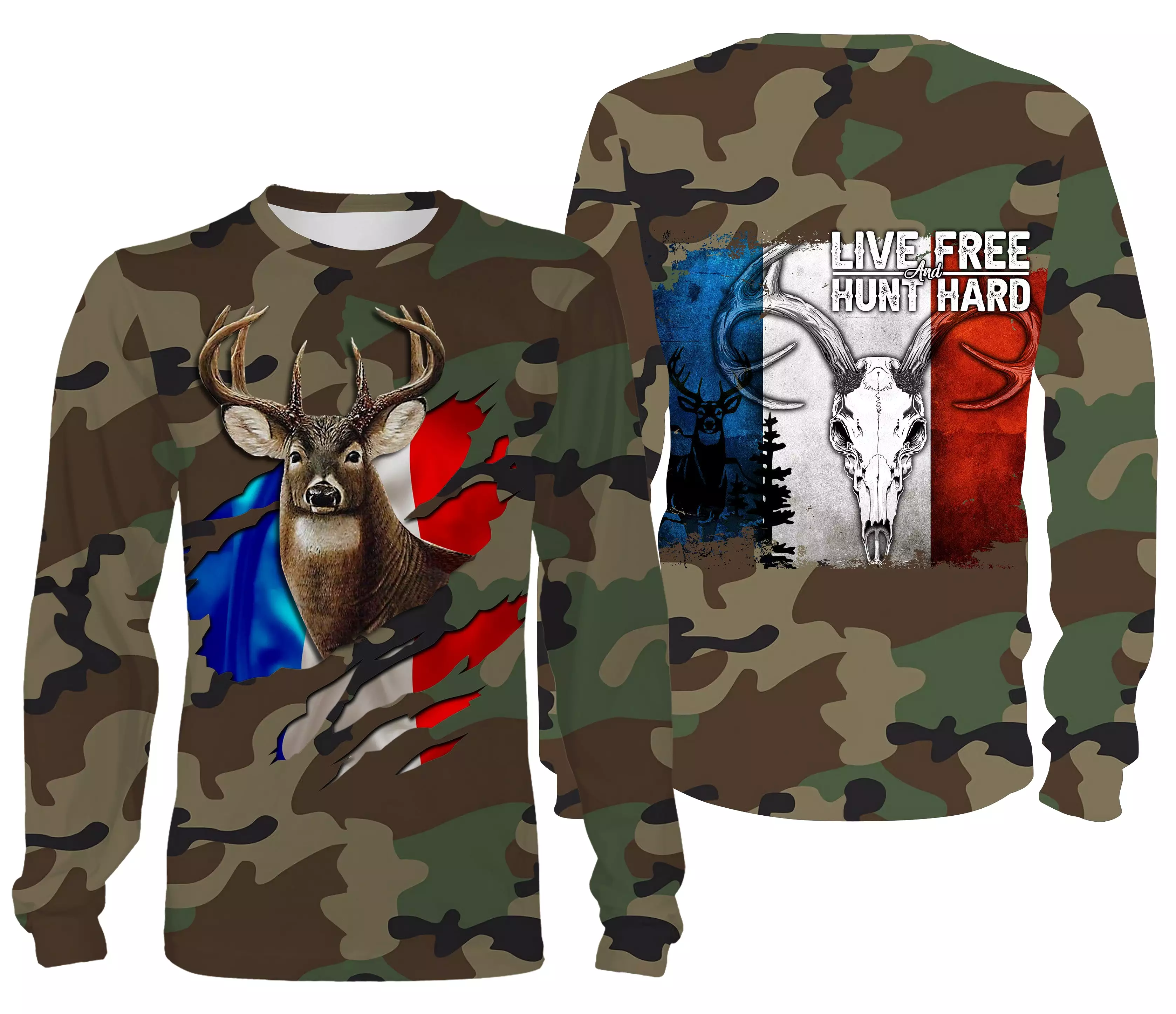 Chasse aux Cerfs, Camouflage Militaire Chasse, Cadeau Chasseurs, Live Free - Hunt Hard, Tee Shirt, Sweat à capuche, Vêtement Ant