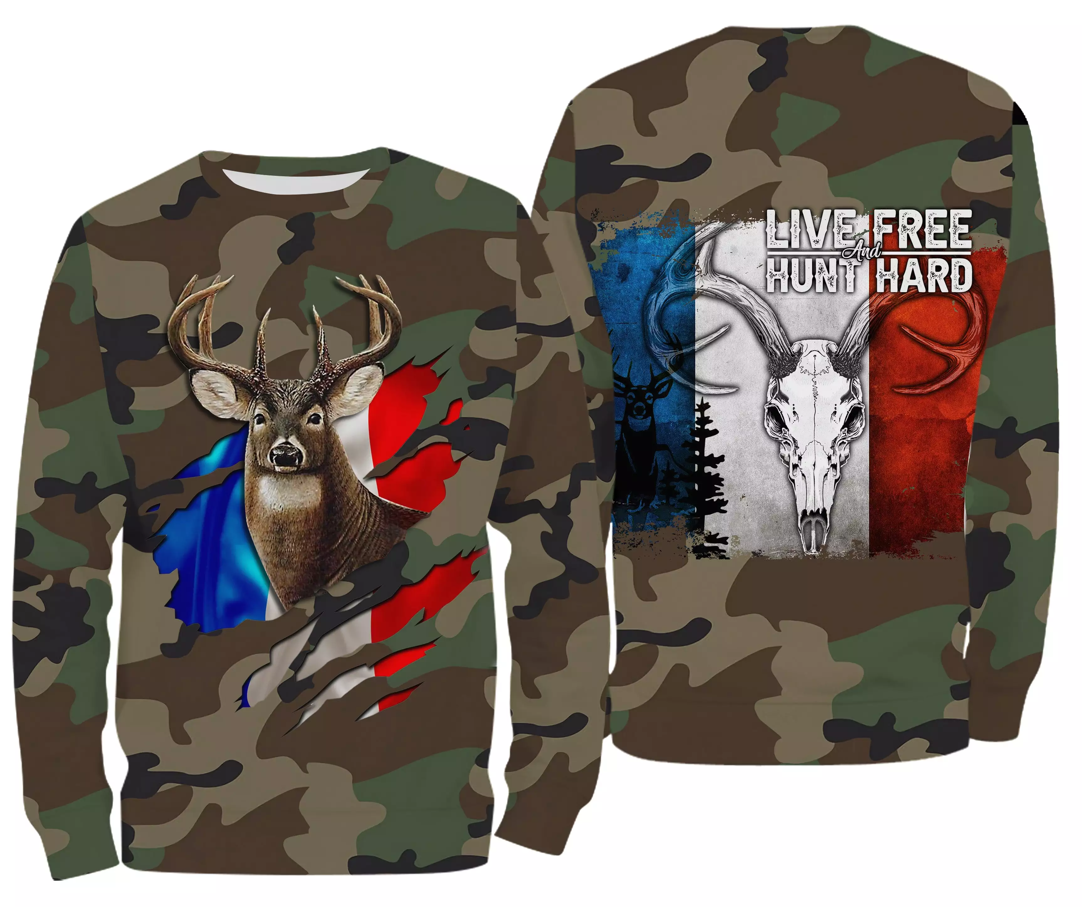 Chasse aux Cerfs, Camouflage Militaire Chasse, Cadeau Chasseurs, Live Free - Hunt Hard, Tee Shirt, Sweat à capuche, Vêtement Ant