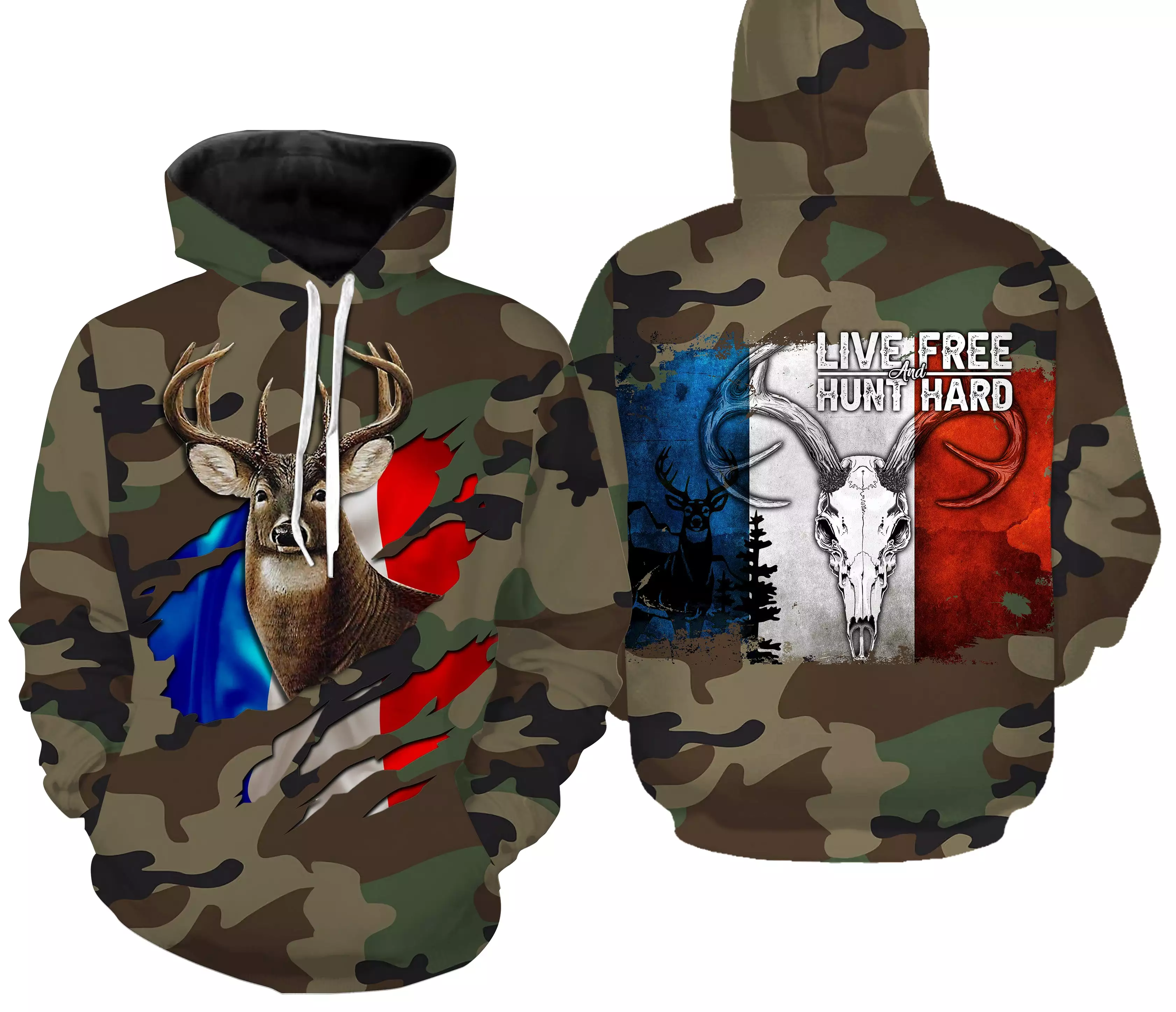 Chasse aux Cerfs, Camouflage Militaire Chasse, Cadeau Chasseurs, Live Free - Hunt Hard, Tee Shirt, Sweat à capuche, Vêtement Ant