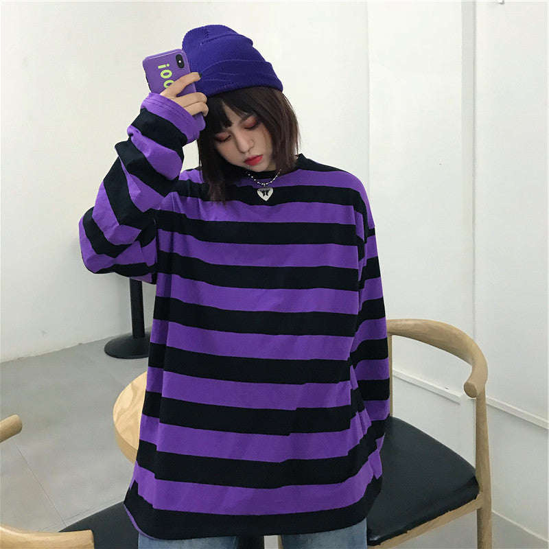 CHIC PURPLE STRIPE LONG-SLEEVE T-SHIRT BY22473