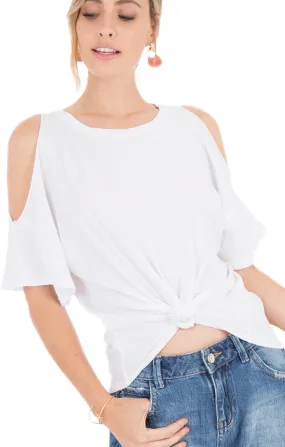   Cold Shoulder Knotted Front Tee White