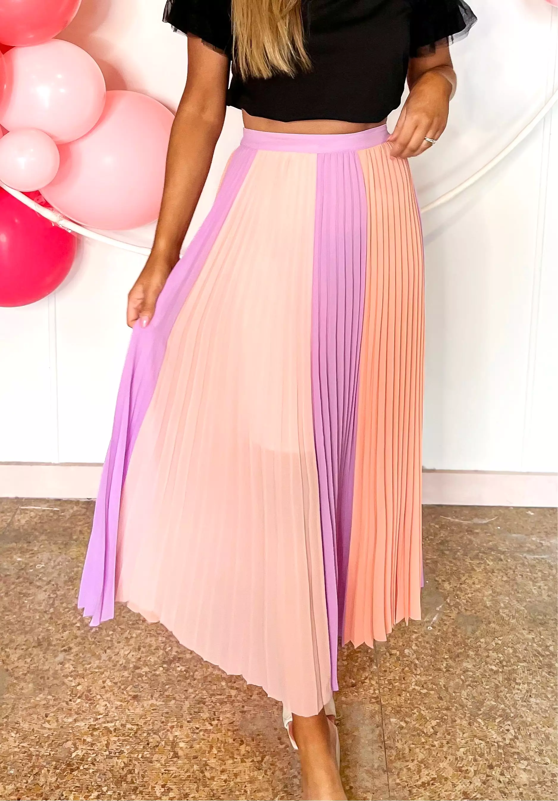 COLOR BLOCK PLEATED SKIRT - LAVENDER/CORAL