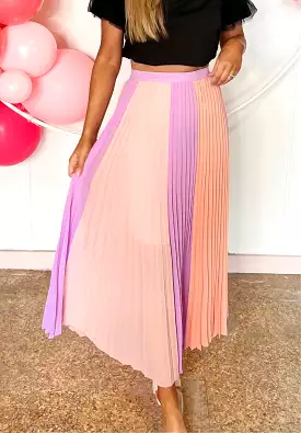 COLOR BLOCK PLEATED SKIRT - LAVENDER/CORAL