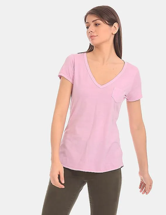 GAP Women Pink Vintage Wash Sueded V-Neck Tee