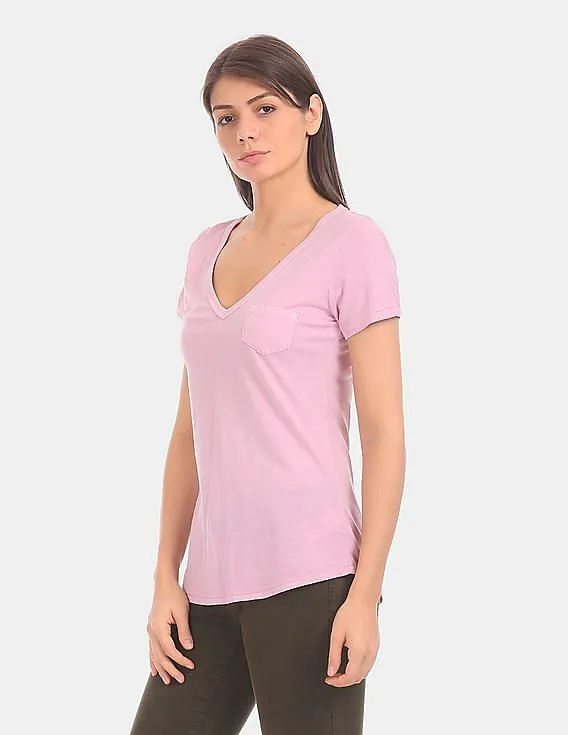 GAP Women Pink Vintage Wash Sueded V-Neck Tee