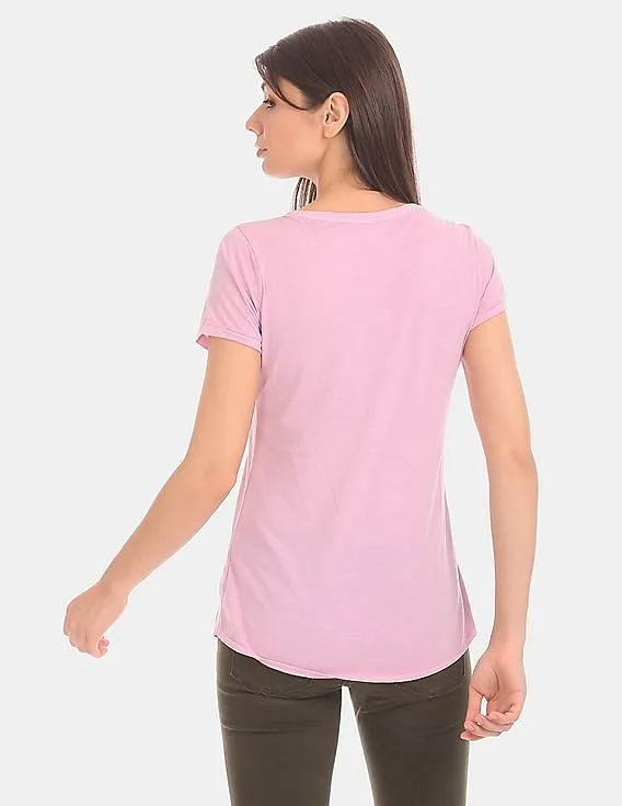 GAP Women Pink Vintage Wash Sueded V-Neck Tee