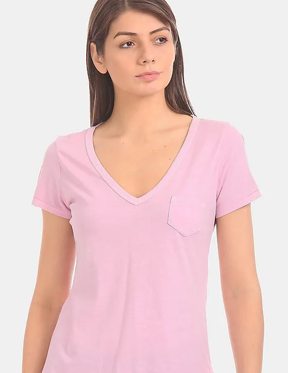 GAP Women Pink Vintage Wash Sueded V-Neck Tee