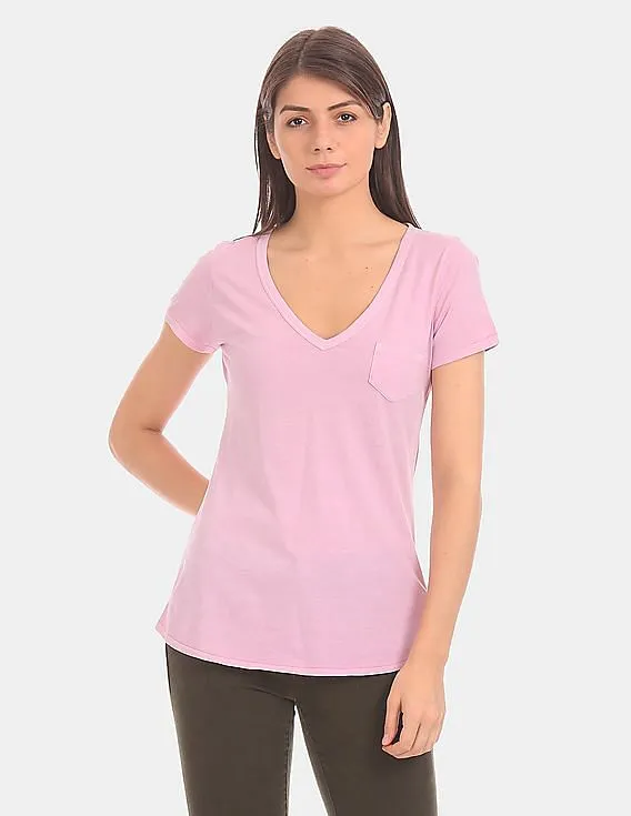 GAP Women Pink Vintage Wash Sueded V-Neck Tee