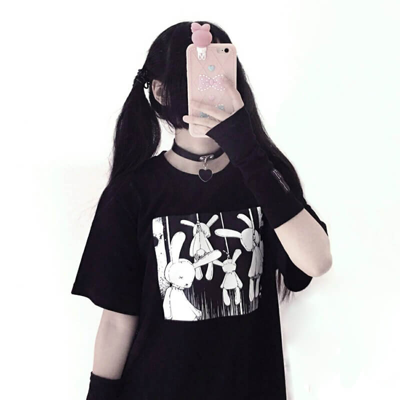 JAPANESE DARK BLACK BUNNY PRINT T-SHIRT BY52505