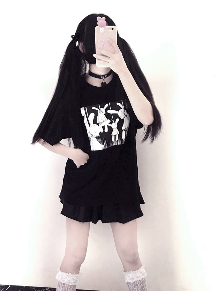 JAPANESE DARK BLACK BUNNY PRINT T-SHIRT BY52505