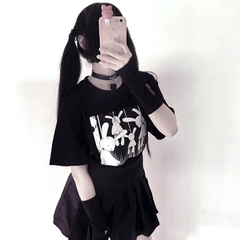 JAPANESE DARK BLACK BUNNY PRINT T-SHIRT BY52505