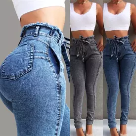 Knitted Denim Pants zipper Fitness Female Stretch Casual Trousers