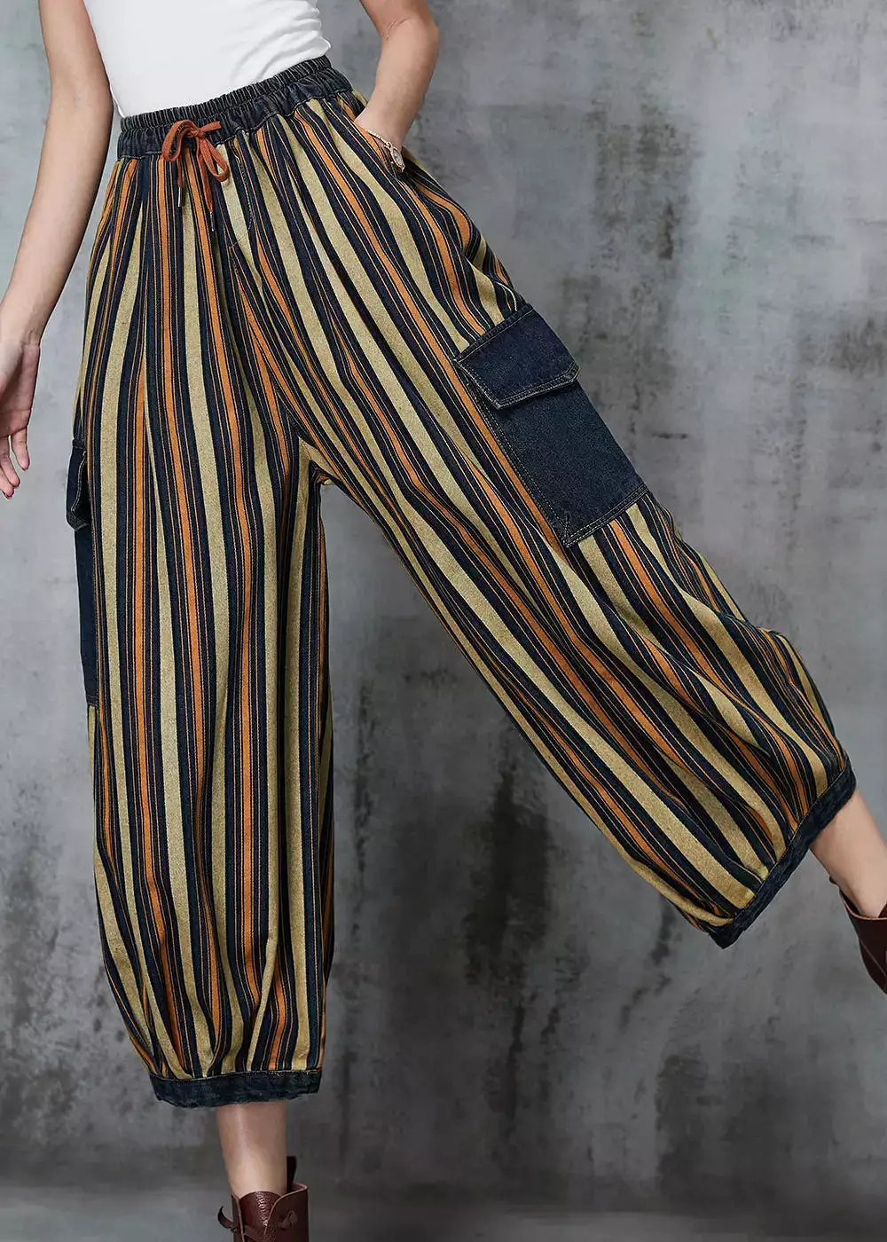 Loose Khaki Striped Patchwork Pockets Denim Pants Spring JK1046