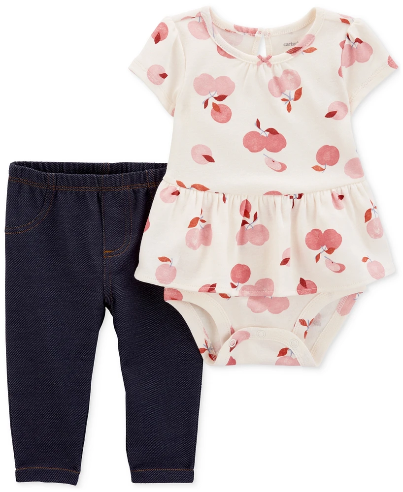 Macy's Carter's Baby Girls 2-Pc. Apple-Print Peplum Bodysuit & Knit-Denim Pants Set