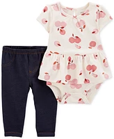 Macy's Carter's Baby Girls 2-Pc. Apple-Print Peplum Bodysuit & Knit-Denim Pants Set