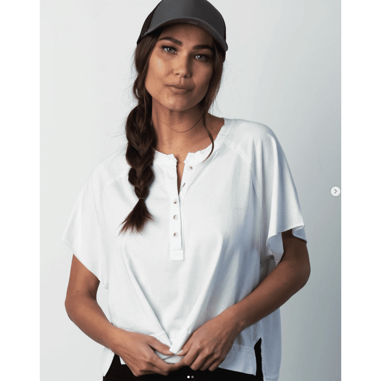 Mila Made in Los Angeles  Henley Hi Low Button Detail Tee in White