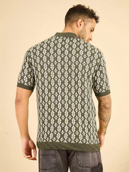 olive printed knitted zipped polo tshirt