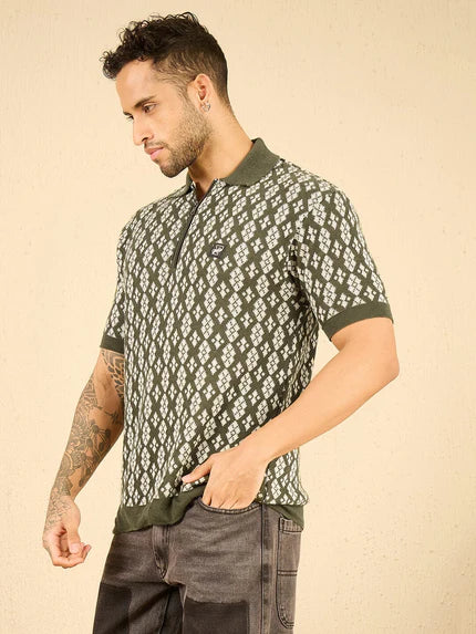 olive printed knitted zipped polo tshirt