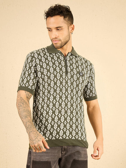 olive printed knitted zipped polo tshirt