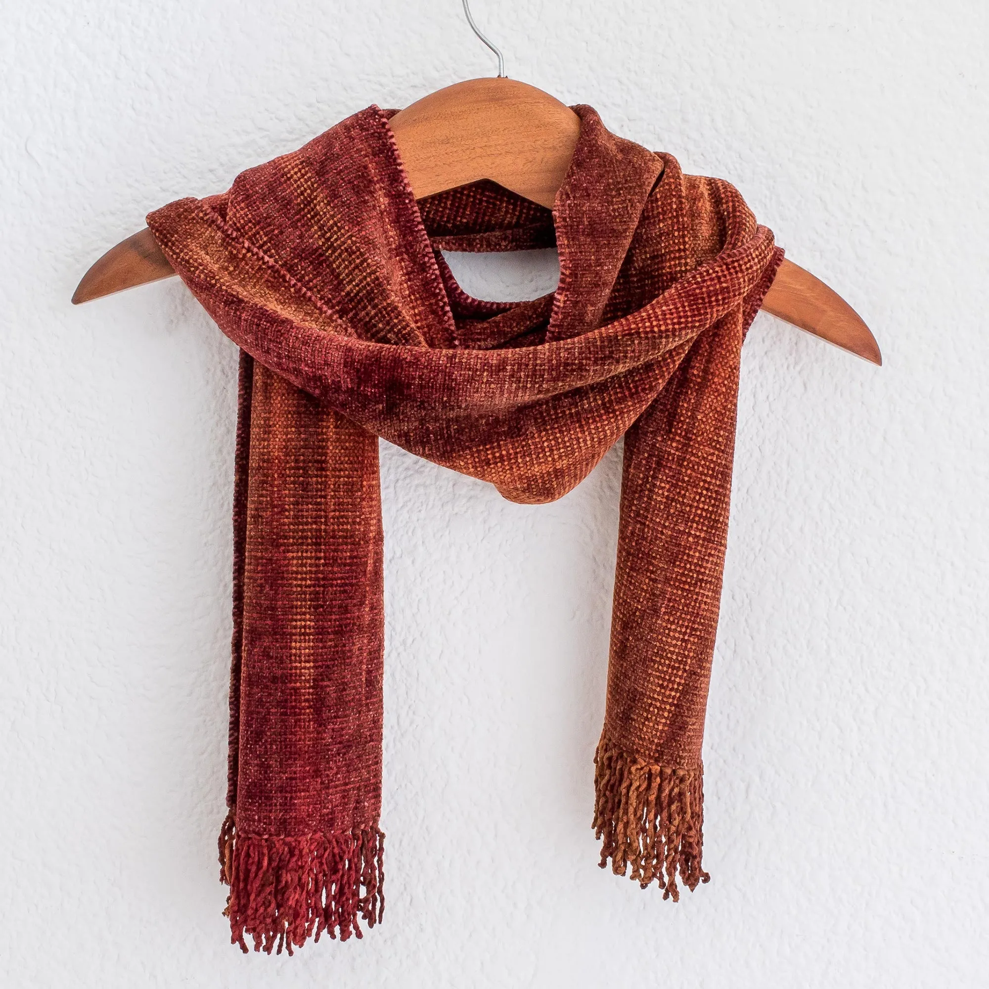 Orange Dreamer Handwoven Rayon Scarf in Orange and Red from Guatemala