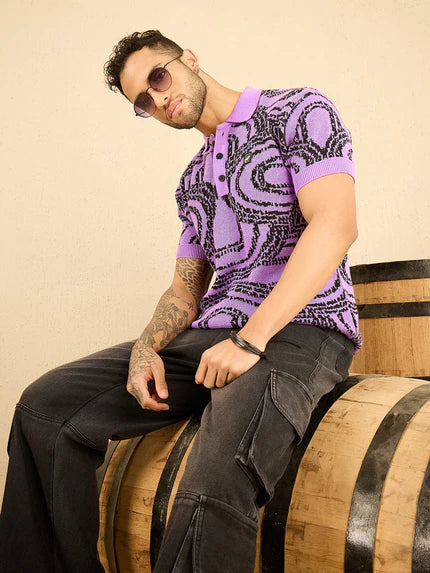 purple abstract kintted polo tshirt