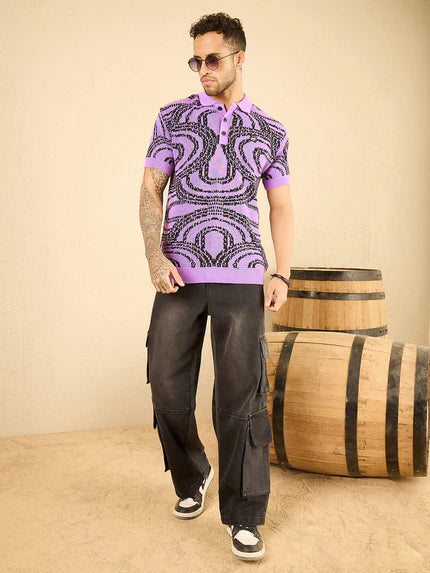 purple abstract kintted polo tshirt