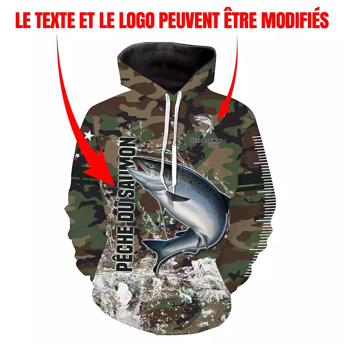 Pêche du Saumon, Cadeau Original Pêcheur, Camouflage Pêche, Tee Shirt, Sweat à capuche, Vêtement Anti UV, Cadeau Personnalisé Po