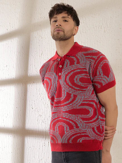 red abstract knitted polo tshirt