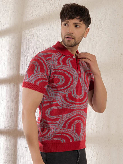 red abstract knitted polo tshirt